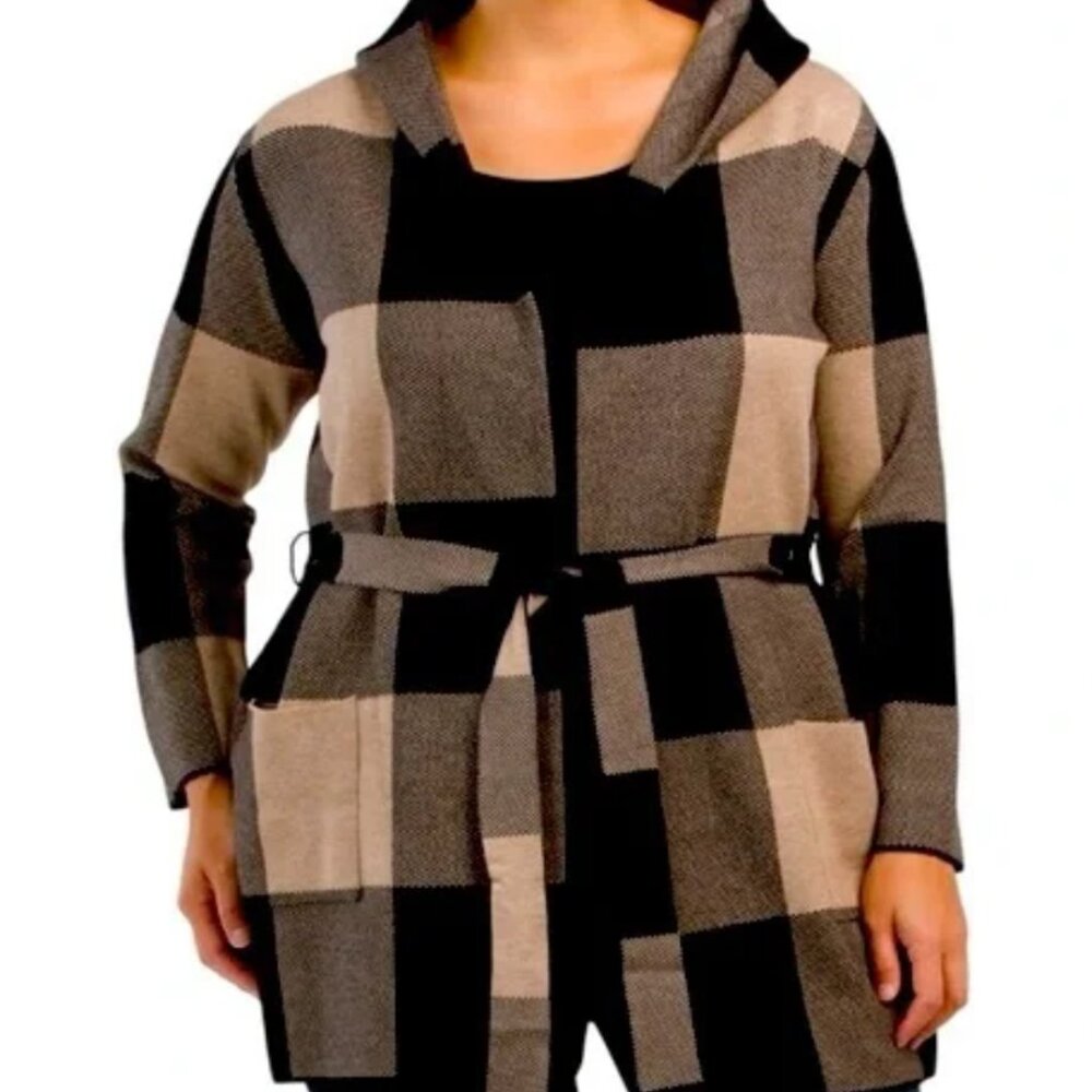 Rachel Zoe black & brown plaid long cardigan belted w/hood 2XL
